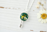 Silver and Dark Green Circle Dangle Necklace with Yellow Flowers