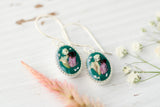 Silver and Dark Green Small Oval Floral Earrings