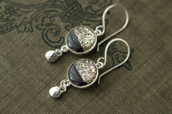 Silver and Black Glitter Drop Earrings