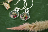 Mini Hexagon Earrings with Pink Flowers in Silver