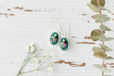 Silver and Dark Green Small Oval Floral Earrings