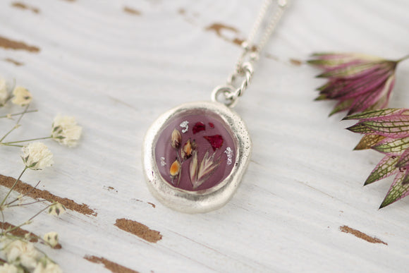 floral resin and clay necklace in silver