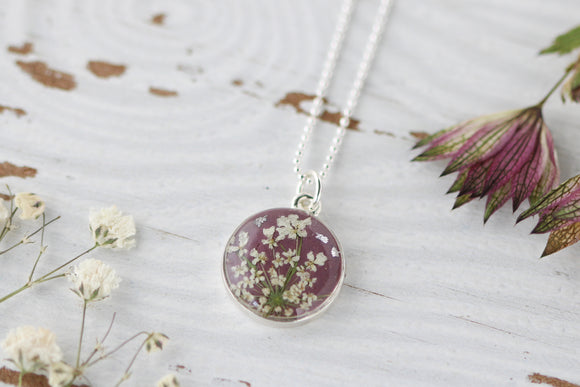 floral resin and clay necklace in silver