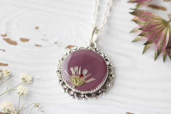 floral resin and clay necklace in silver