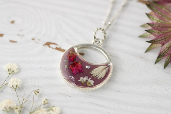 floral resin and clay necklace in silver